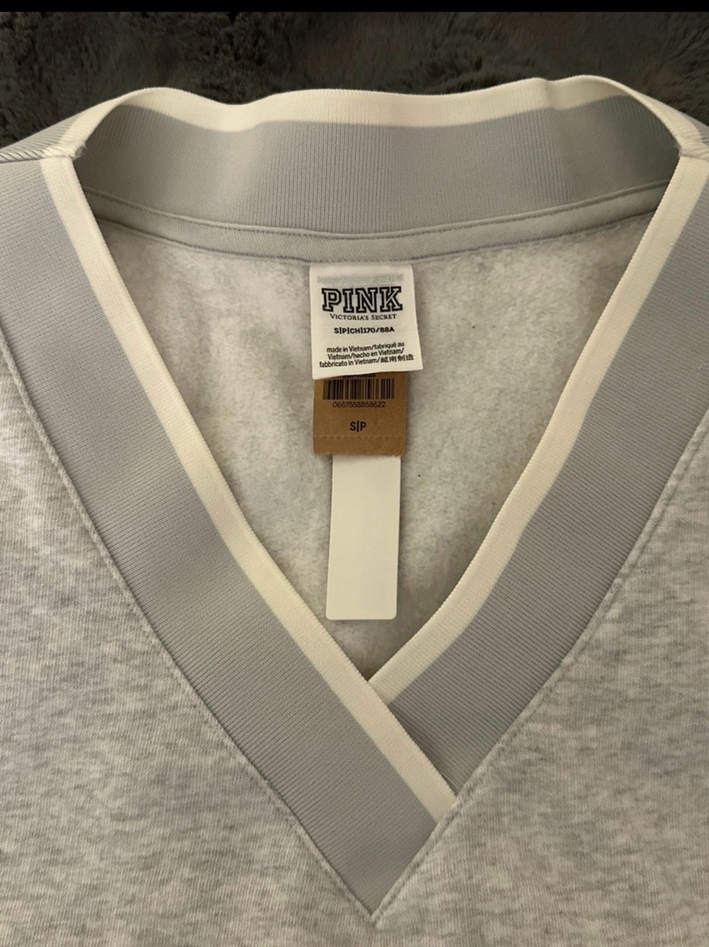 PINK Victoria's Secret Men's Light Gray V-Neck Sweater with White Trim